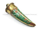 Ethnic Tibetan Malachite Inlay Horn Tusk Tooth Pendant with Brass Bail - Brass & Turquoise Inlaid Horn Pendants - WM6452C