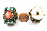 2 BEADS - LARGE Tibetan Brass Barrel Shape Tube Beads with 3-sided Coral Inlays & Turquoise Inlay- Big Ethnic Tibetan Focal Bead- B3104-2