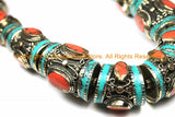 Ethnic Tibetan Nepalese Necklace Jewelry Set Filigree Barrel Beads with Turquoise, Coral Inlays - Nepal Tibetan Beads - B3108