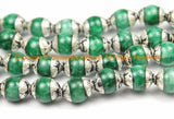 2 BEADS - Small Green Jade Tibetan Beads with Repousse Real Silver Caps - Handmade Tibetan Beads - B3113-2