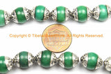 10 BEADS - 10mm Green Jade Tibetan Beads with Repousse Floral Real Silver Caps - Handmade Tibetan Beads - B3115-10