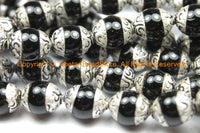 2 BEADS - 10mm Black Onyx Tibetan Beads with Repousse Floral Real Silver Caps - Handmade Tibetan Beads - B3116-2 - TibetanBeadStore