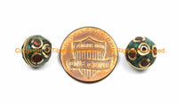 10 BEADS Tibetan Roundelle Rondelle Bicone Shape Brass Beads with Turquoise, Coral Inlays - TibetanBeadStore Inlay Tibetan Beads - B3125-10 - TibetanBeadStore