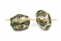 2 BEADS Tibetan Thick Bicone Beads with Intricate Brass, Turquoise & Coral Inlays - Rectangular Bicone Barrel Drum Shape Beads - B3136-2