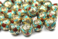 10 Beads - Nepal Tibetan Round Inlaid Beads with Brass, Turquoise & Coral Inlays - Thick Round Inlaid Tibetan Beads - B3135-10