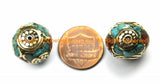 10 Beads - Nepal Tibetan Round Inlaid Beads with Brass, Turquoise & Coral Inlays - Thick Round Inlaid Tibetan Beads - B3135-10