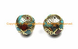 2 BEADS Nepal Tibetan Round Inlaid Beads with Brass, Turquoise & Coral Inlays - Thick Round Inlaid Tibetan Beads - B3135-2