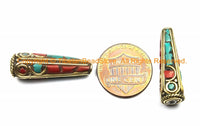 4 BEADS Ethnic Nepalese Tibetan Cone Beads with Brass, Turquoise, Coral Inlays - Inlaid Beads Tibetan Beads - Nepal Beads - B3137-4