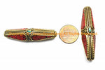 1 BEAD - LARGE Ethnic Nepalese Tibetan Long BiCone Bead with Brass, Coral, Turquoise Inlays - Nepal Tibetan Handmade Beads - B3138-1