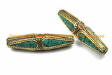 1 BEAD - LARGE Ethnic Nepalese Tibetan Long BiCone Bead with Brass, Turquoise, Coral Inlays - Nepal Tibetan Handmade Beads - B3139-1