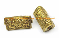 4 BEADS - Repousse Carved Brass Triangle Box-Shaped Tibetan Beads with Floral Details - Ethnic Nepal Tibetan Metal Focal Beads - B3140-4