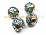 1 BEAD - Tibetan Thick Rondelle Cube Round Bead - Metal, Turquoise, Coral, Lapis Inlay Beads - Ethnic Nepalese Tibetan Beads - B3143-1