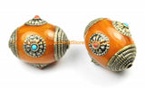 1 BEAD - LARGE Tibetan Amber Copal Resin Bead with Tibetan Silver Caps, Turquoise, Coral Bead Inlays - LARGE Focal Bead - B3149-1
