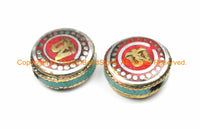 2 BEADS Om Mantra Reversible Tibetan Beads with Brass, Turquoise, Coral, Tibetan Silver Inlays- Om Beads Nepal Tibetan Beads- B3155-2