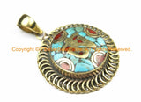 Tibetan OM Mantra Pendant with Brass, Turquoise & Coral Inlays - Tibetan OM Pendant - Ethnic Nepal Tibetan Pendant - WM7102