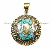 Tibetan Kalachakra Mantra Pendant with Brass, Turquoise & Coral Inlays - Kalachakra Pendant - Ethnic Nepal Tibetan Pendant - WM7103