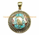 Tibetan Kalachakra Mantra Pendant with Brass, Turquoise & Coral Inlays - Kalachakra Pendant - Ethnic Nepal Tibetan Pendant - WM7103