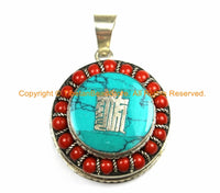Tibetan Kalachakra Ghau Prayer Box Amulet Pendant with Turquoise & Coral Inlays - Buddhist Amulet Box Tibetan Pendant - WM7163