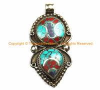 Ethnic Tibetan Pendant with Brass, Turquoise, Lapis & Coral Inlays - Ethnic Jewelry - Tibetan Pendant - WM7157