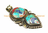 Ethnic Tibetan Pendant with Brass, Turquoise, Lapis & Coral Inlays - Ethnic Jewelry - Tibetan Pendant - WM7158