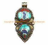 Ethnic Tibetan Pendant with Brass, Turquoise, Lapis & Coral Inlays - Ethnic Jewelry - Tibetan Pendant - WM7158