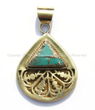 Ethnic Brass Teardrop Shaped Carved Tibetan Pendant with Turquoise Inlays - Handmade Ethnic Nepal Pendant Tibetan Jewelry Pendant - WM4986