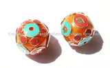 2 BEADS Om Mani Mantra Large Tibetan Amber Copal Resin Beads with Brass, Turquoise & Coral Inlays - LARGE Tibetan Focal Beads - B1025-2