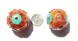 1 BEAD Om Mani Mantra Large Tibetan Amber Copal Resin Beads with Brass, Turquoise & Coral Inlays - LARGE Tibetan Focal Beads - B1025-1