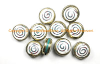 1 BEAD Tibetan Naga Conch Shell Bead with Spiral Design & Turquoise, Coral Inlays - Reversible Beads Nepalese Beads Tibet Beads- B3064-1