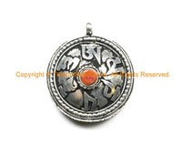 Tibetan Om Prayer Box Amulet Pendant with Colored Coral Bead Inlay - Om Aum Ohm - Nepal Tibetan Yoga Buddhist Meditation Jewelry - WM7039