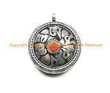 Tibetan Om Prayer Box Amulet Pendant with Colored Coral Bead Inlay - Om Aum Ohm - Nepal Tibetan Yoga Buddhist Meditation Jewelry - WM7039