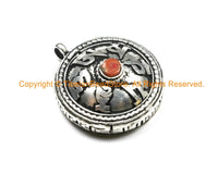 Tibetan Om Prayer Box Amulet Pendant with Colored Coral Bead Inlay - Om Aum Ohm - Nepal Tibetan Yoga Buddhist Meditation Jewelry - WM7039