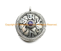 Tibetan Om Prayer Box Amulet Pendant with Lapis Bead Inlay - Om Aum Ohm - Nepal Tibetan Yoga Buddhist Meditation Jewelry - WM7037