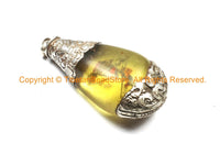 LARGE Tibetan Amber Drop Pendant with Sterling Silver Hand Carved Animal & Floral Caps - Ethnic Tribal Tibetan Amber Resin Jewelry - SS8001