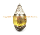 LARGE Tibetan Amber Drop Pendant with Sterling Silver Hand Carved Animal & Floral Caps - Ethnic Tribal Tibetan Amber Resin Jewelry - SS8003