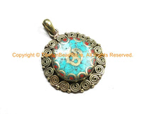 Om Aum Ohm Mantra Pendant with Double Spirals, Brass, Turquoise & Coral Inlays - Ethnic Nepal Tibetan Jewelry Yoga Om Pendant - WM7018