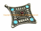 Tibetan Antiqued Diamond-Shaped Pendant with Colored Bead Inlays - Ethnic Nepal Tibetan Pendants Jewelry - TibetanBeadStore - WM7052