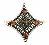 Tibetan Antiqued Diamond-Shaped Pendant with Colored Bead Inlays - Ethnic Nepal Tibetan Pendants Jewelry - TibetanBeadStore - WM7053