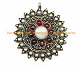 Nepalese Antiqued Floral Style Pendant with Colored Bead Inlays - Ethnic Nepal Tibetan Jewelry - WM7054
