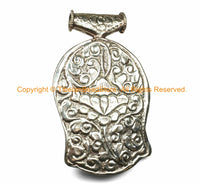 LARGE Buddha Head Tibetan Silver Pendant with Carved Coral Rose Accent & Repousse Lotus Details - 60mm x 100mm - Statement Pendant - WM7070