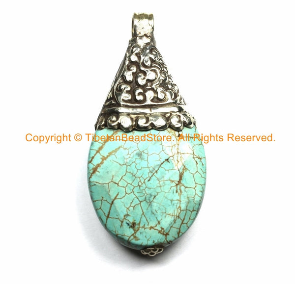 AS IS Ethnic Tibetan Faceted Blue Turquoise Jasper Pendant with Repousse Floral Tibetan Silver Cap- Handmade Tibetan Jewelry- WM7068B