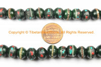 10mm Tibetan Dark Green Bone Mala Prayer Beads with Turquoise, Coral & Metal Inlays- Ethnic Tibetan Green Bone Mala Beads- PB160 - TibetanBeadStore