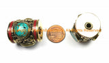 2 BEADS - LARGE Tibetan Brass Barrel Shape Tube Beads with 3-sided Turquoise Inlays & Coral Inlays - Big Ethnic Tibetan Focal Bead - B3102-2