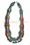 Ethnic Tibetan Nepalese Necklace Jewelry Set Filigree Barrel Beads with Turquoise, Coral & Lapis Inlays - B3107