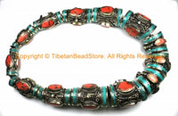 Ethnic Tibetan Nepalese Necklace Jewelry Set Filigree Barrel Beads with Turquoise, Coral Inlays - Nepal Tibetan Beads - B3108