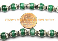 2 BEADS - Small Green Jade Tibetan Beads with Repousse Real Silver Caps - Handmade Tibetan Beads - B3113-2