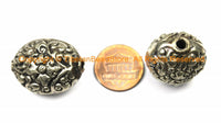 1 BEAD Tibetan Oval Shape Tibetan Silver Metal Bead with Repousse Hand Carved Floral Details - Ethnic Tibetan Beads - B3121-1