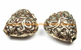 4 BEADS - Repousse Carved Heart Shape Floral Design Focal Metal Tibetan Beads - Ethnic Tribal Tibetan Beads - B3123-4