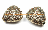 2 BEADS - Repousse Carved Heart Shape Floral Design Focal Metal Tibetan Beads - Ethnic Tribal Tibetan Beads - B3123-2
