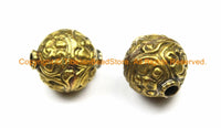 4 BEADS - Tibetan Repousse Brass Floral Round Focal Beads - Unique Ethnic Filigree Carved Metal Tibetan Brass Beads - B3124-4